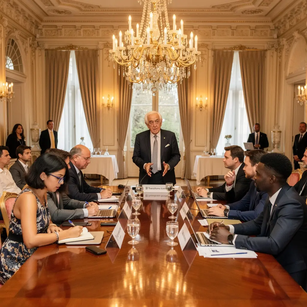 Eine Gruppe von Forschern analysiert politische Daten und Statistiken auf einem großen Bildschirm.