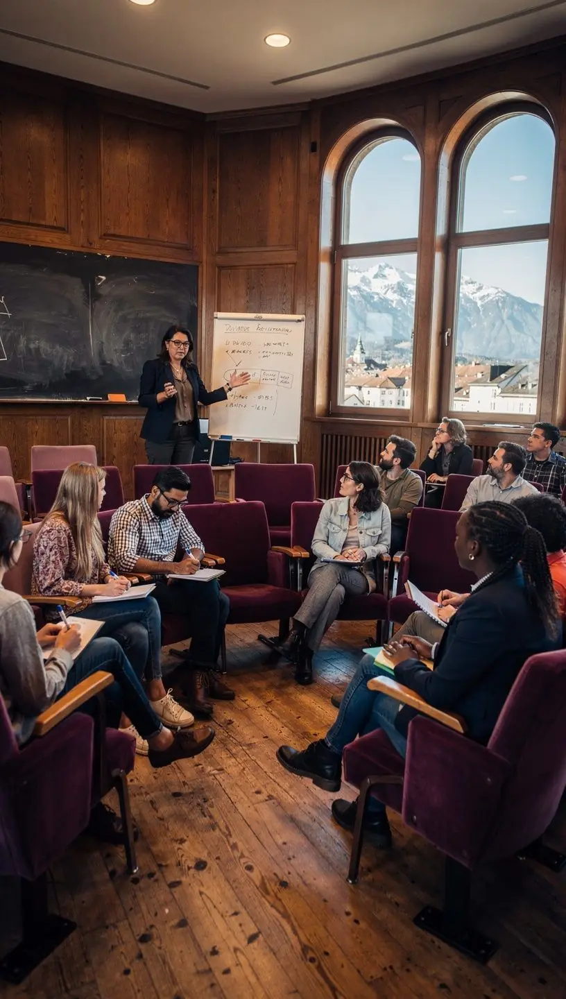 Ein Stapel von Fachbüchern zur politischen Wissenschaft liegt auf einem Tisch neben Notizen und Schreibmaterialien.