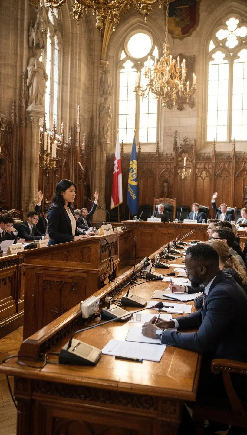 Eine Gruppe von Forschern analysiert politische Daten und Statistiken auf einem großen Bildschirm.