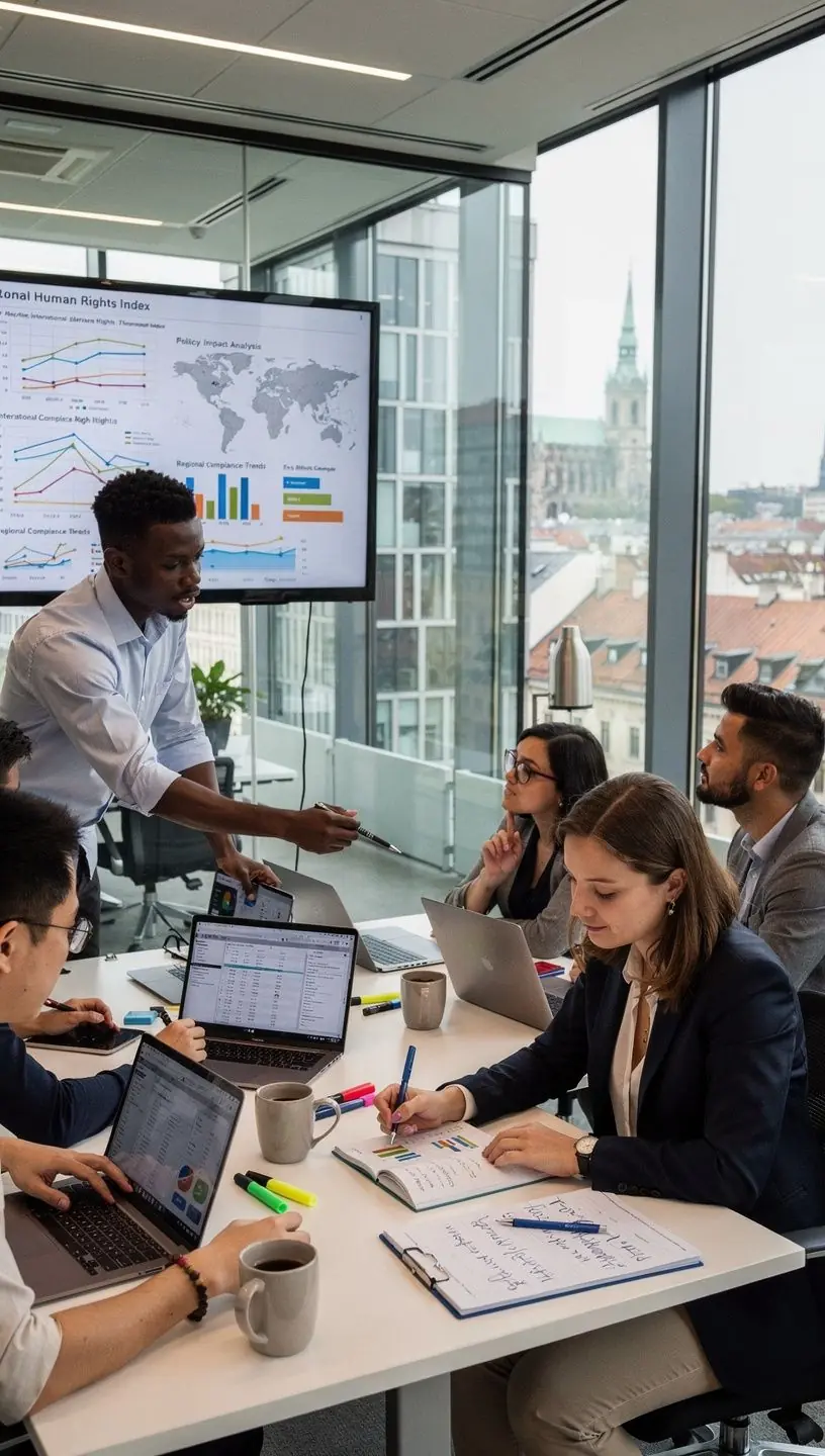 Eine Gruppe von Forschern analysiert politische Daten und Statistiken auf einem großen Bildschirm.