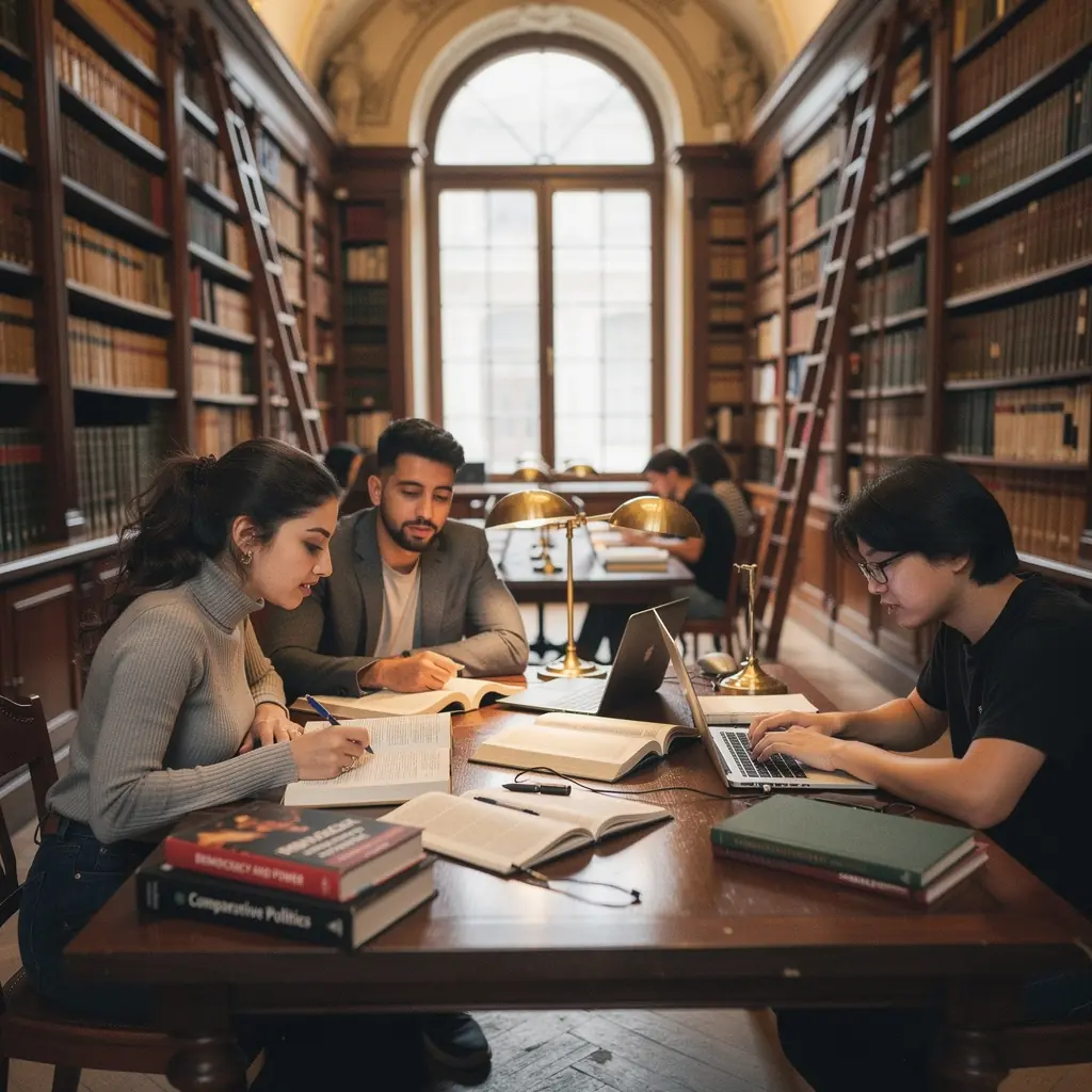 Eine Gruppe von Forschern analysiert politische Daten und Statistiken auf einem großen Bildschirm.