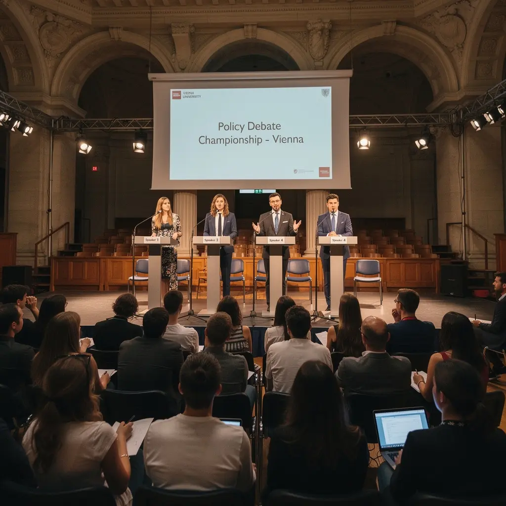 Eine Gruppe von Forschern analysiert politische Daten und Statistiken auf einem großen Bildschirm.